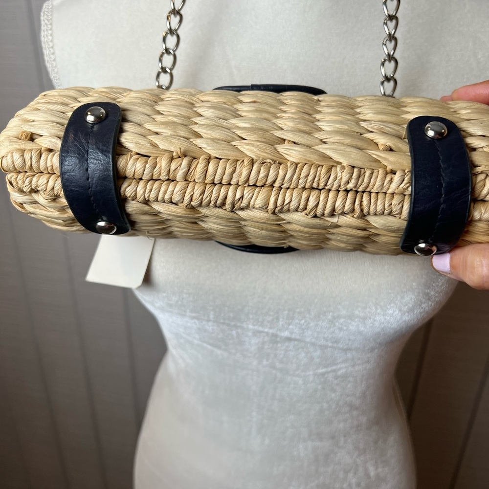 Straw studios weaved Ratan Shoulder Bag purse chain strap Pink , Tan , Navy NWT - Picture 4 of 10